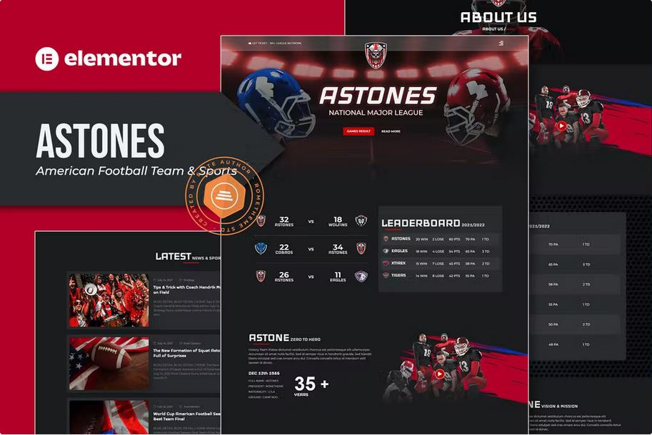 ASTONES – AMERICAN FOOTBALL TEAM & SPORTS ELEMENTOR TEMPLATE KIT